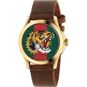  Shop Authentic Gucci Le Marche Des Merveilles Red & Green Dial Brown Leather Strap Unisex Watch - YA126497 - Luxxuri