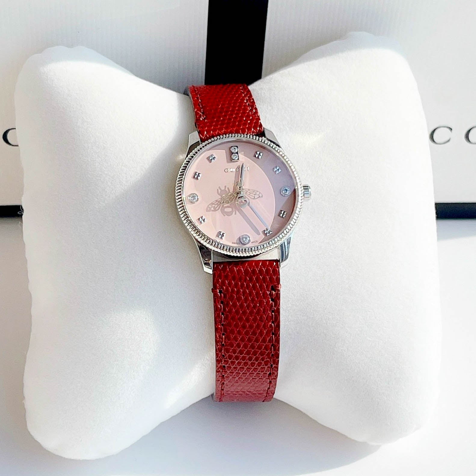  Shop Authentic Gucci G Timeless Quartz Diamonds Pink Dial Red Leather Strap Watch For Women - YA1265017 - Luxxuri