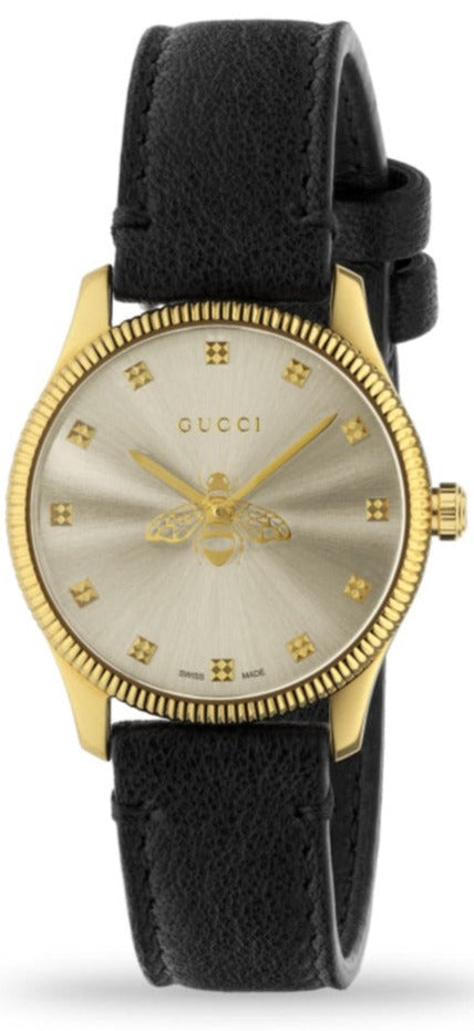  Shop Authentic Gucci G Timeless Quartz Silver Dial Black Leather Strap Watch For Women - YA1265023 - Luxxuri