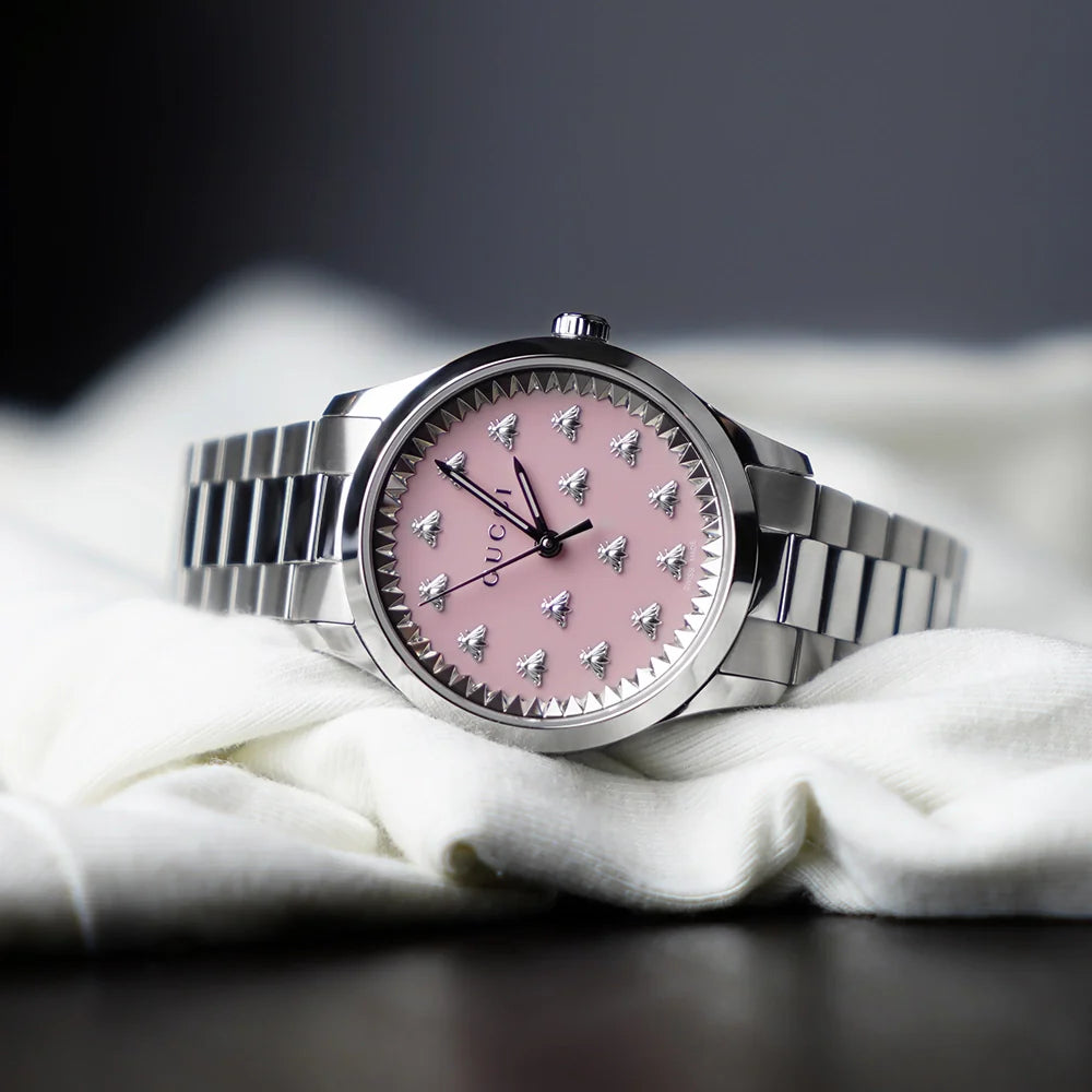  Shop Authentic Gucci G Timeless Quartz Pink Dial Silver Steel Strap Watch for Women - YA1265033 - Luxxuri