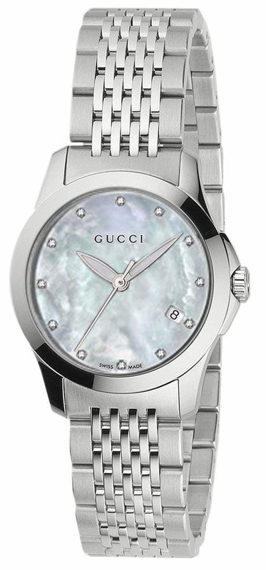  Shop Authentic Gucci G Timeless Diamonds Mother of Pearl Dial Silver Steel Strap Watch For Women - YA126504 - Luxxuri