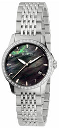  Shop Authentic Gucci G Timeless Diamonds Mother of Pearl Black Dial Silver Mesh Bracelet Watch For Women - YA126507 - Luxxuri