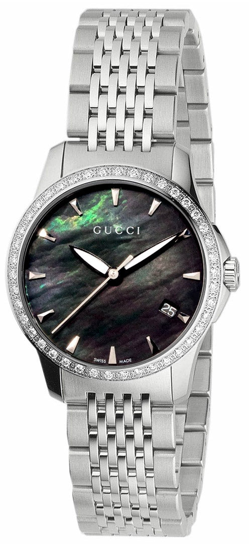  Shop Authentic Gucci G Timeless Diamonds Mother of Pearl Black Dial Silver Mesh Bracelet Watch For Women - YA126507 - Luxxuri