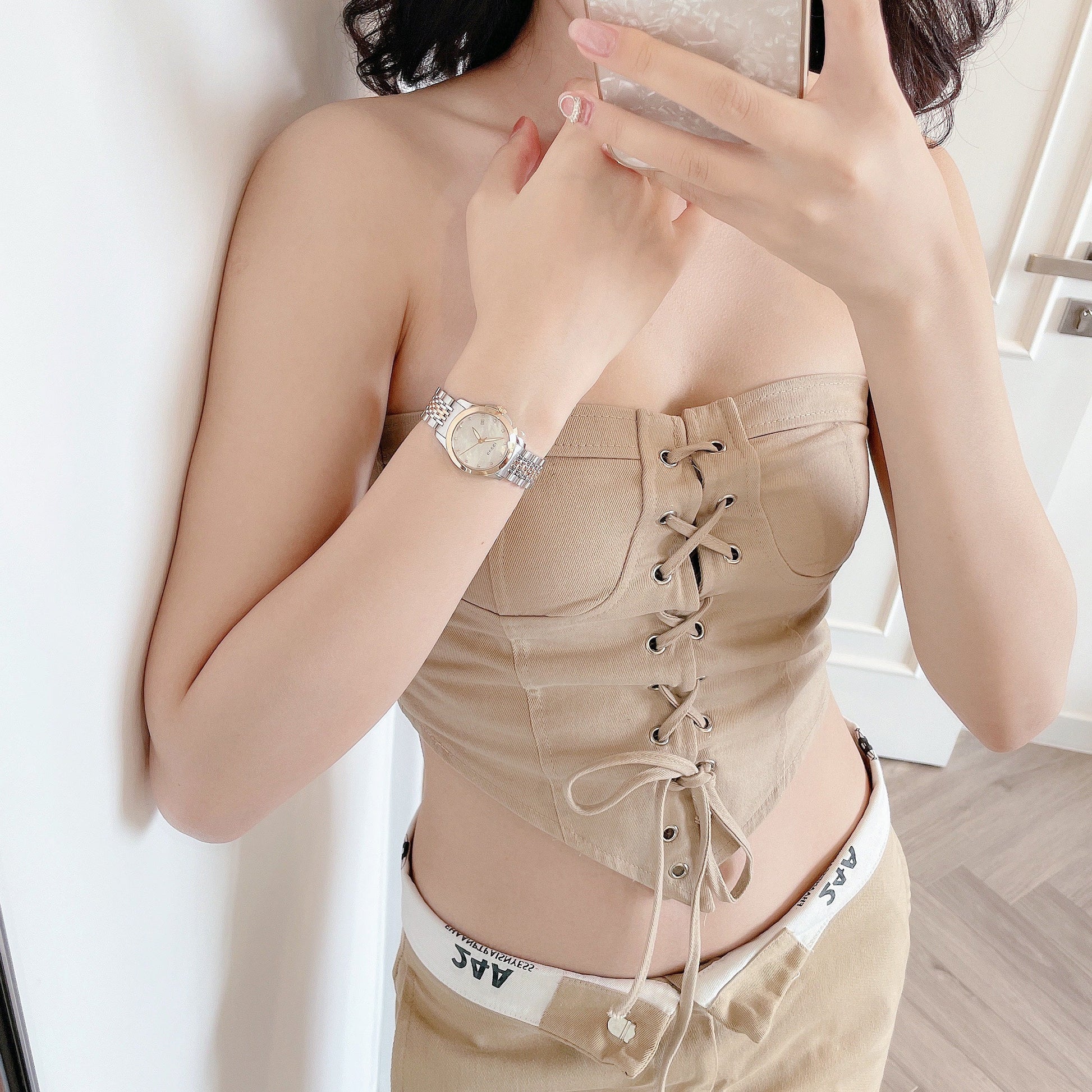  Shop Authentic Gucci G Timeless Diamonds Mother of Pearl Dial Two Tone Mesh Bracelet Watch For Women - YA126514 - Luxxuri