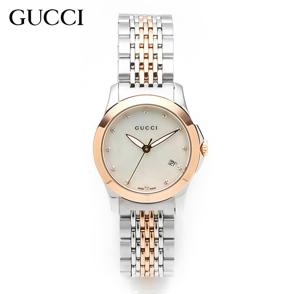  Shop Authentic Gucci G Timeless Diamonds Mother of Pearl Dial Two Tone Mesh Bracelet Watch For Women - YA126514 - Luxxuri