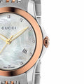  Shop Authentic Gucci G Timeless Diamonds Mother of Pearl Dial Two Tone Mesh Bracelet Watch For Women - YA126514 - Luxxuri