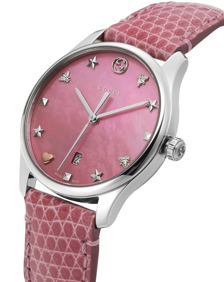  Shop Authentic Gucci G-Timeless Pink Mother of Pearl Dial Pink Leather Strap Watch For Women - YA126586 - Luxxuri