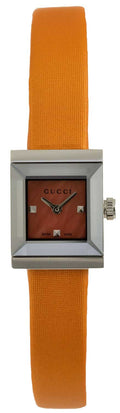  Shop Authentic Gucci G-Frame Square Mother of Pearl Orange Dial Orange Leather Strap Watch For Women - YA128532 - Luxxuri