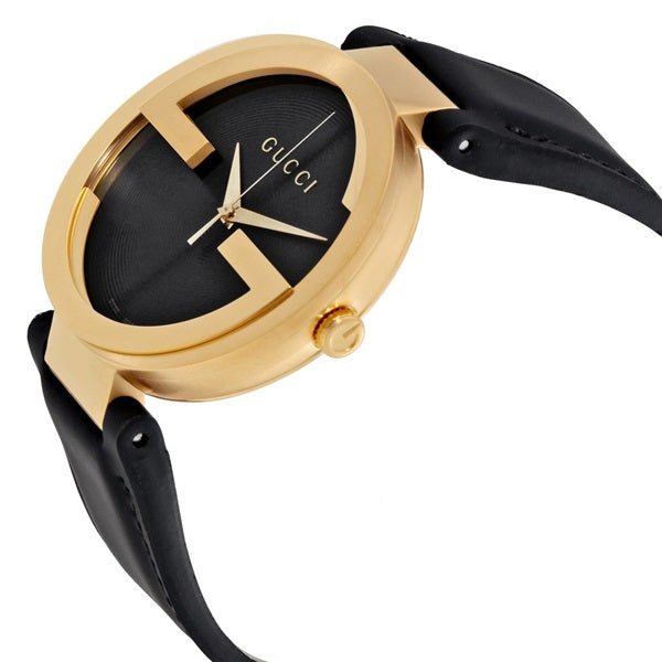  Shop Authentic Gucci Interlocking G Gold Black Dial Black Leather Strap Unisex Watch - YA133326 - Luxxuri