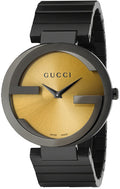  Shop Authentic Gucci Interlocking G Quartz Gold Dial Black Steel Strap Watch For Women - YA133314 - Luxxuri