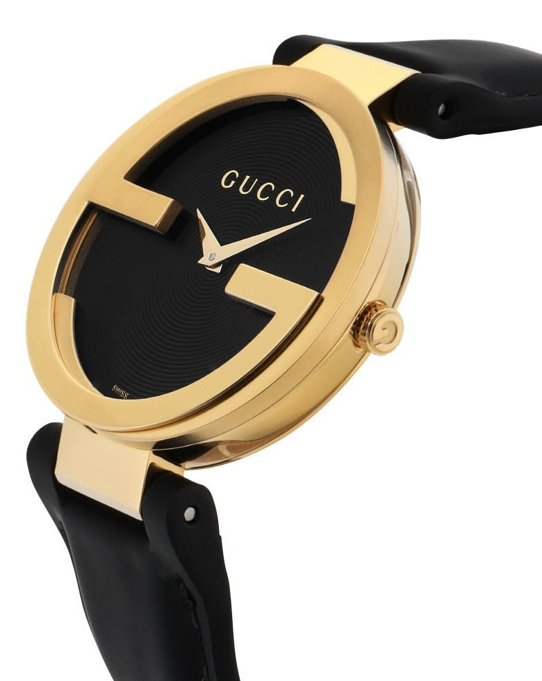  Shop Authentic Gucci Interlocking G Gold Black Dial Black Leather Strap Unisex Watch - YA133326 - Luxxuri