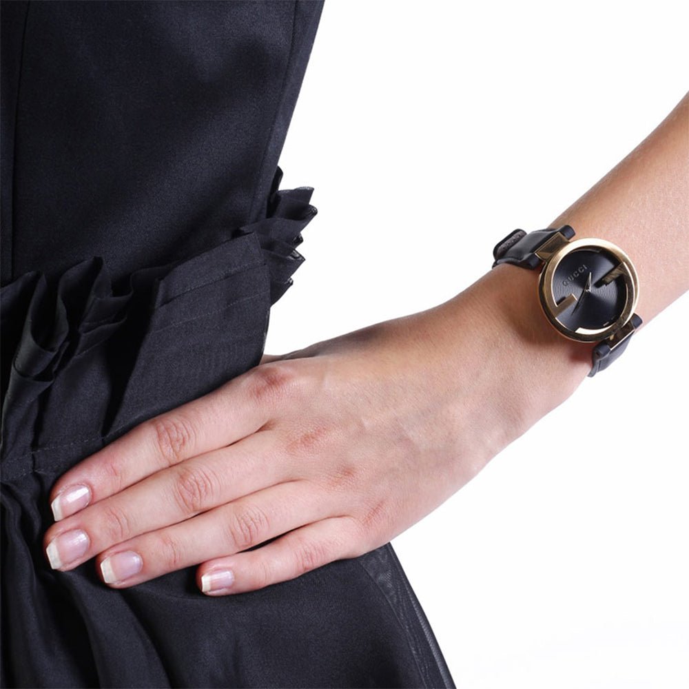  Shop Authentic Gucci Interlocking G Gold Black Dial Black Leather Strap Unisex Watch - YA133326 - Luxxuri