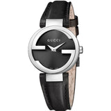  Shop Authentic Gucci G Interlocking Black Dial Black Leather Strap Watch For Women - YA133501 - Luxxuri