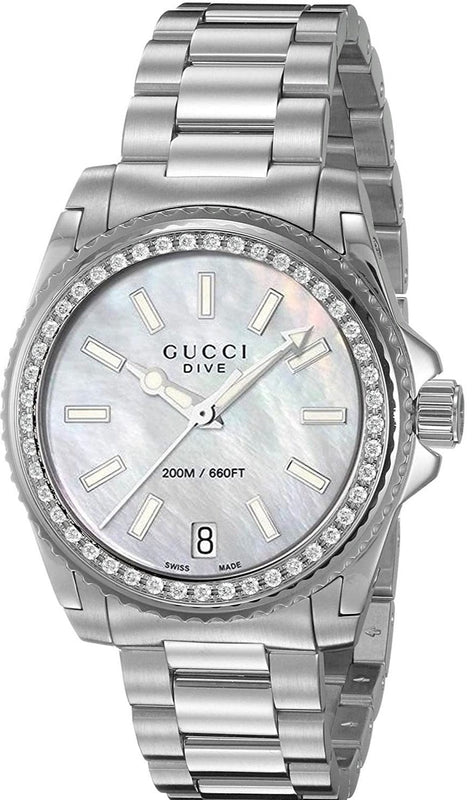  Shop Authentic Gucci Dive Diamonds Mother of Pearl Dial Silver Steel Strap Watch For Women - YA136406 - Luxxuri