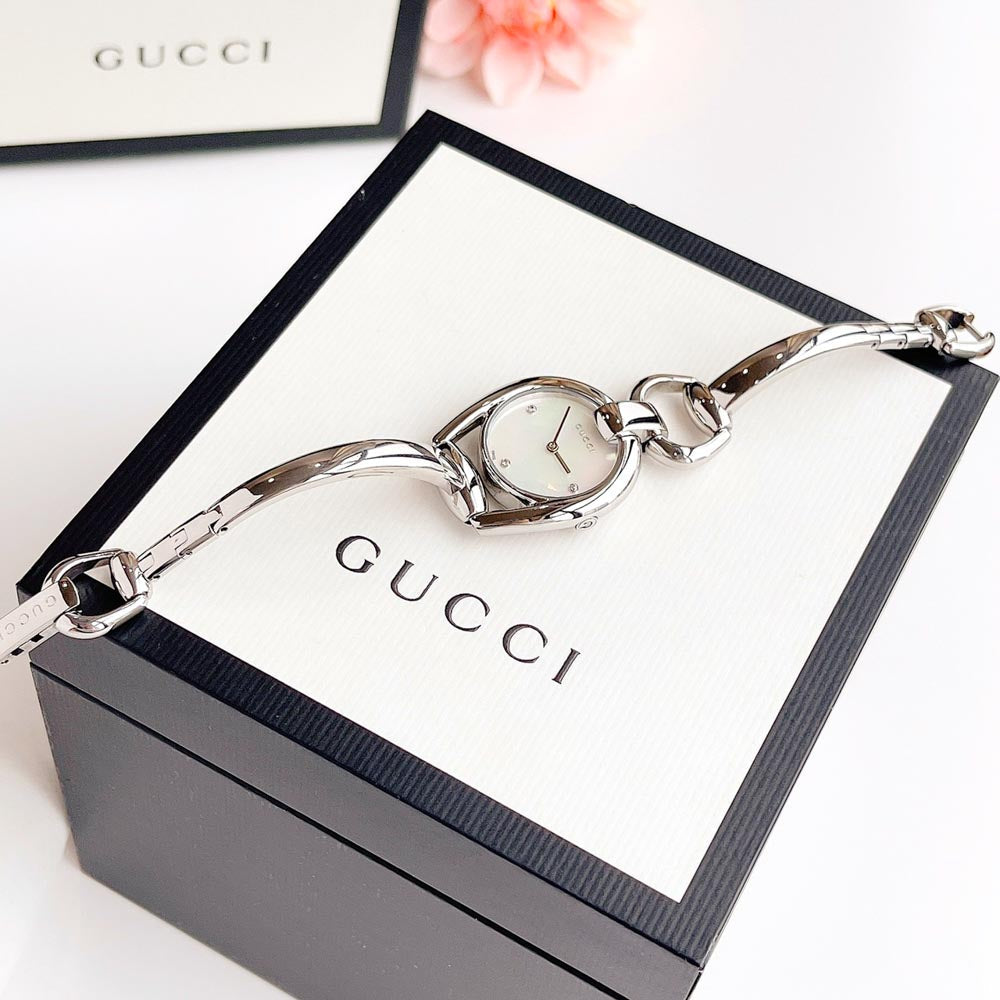  Shop Authentic Gucci Horsebit Collection Diamonds Mother of Pearl Dial Silver Steel Strap Watch For Women - YA139506 - Luxxuri