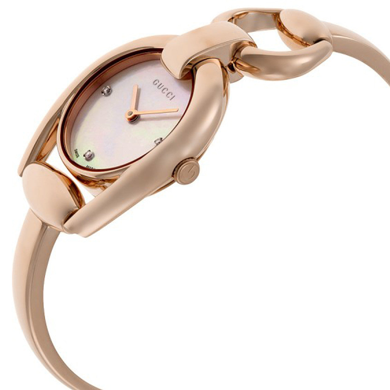  Shop Authentic Gucci Horsebit Collection Diamonds Mother of Pearl Dial Rose Gold Steel Strap Watch For Women - YA139508 - Luxxuri