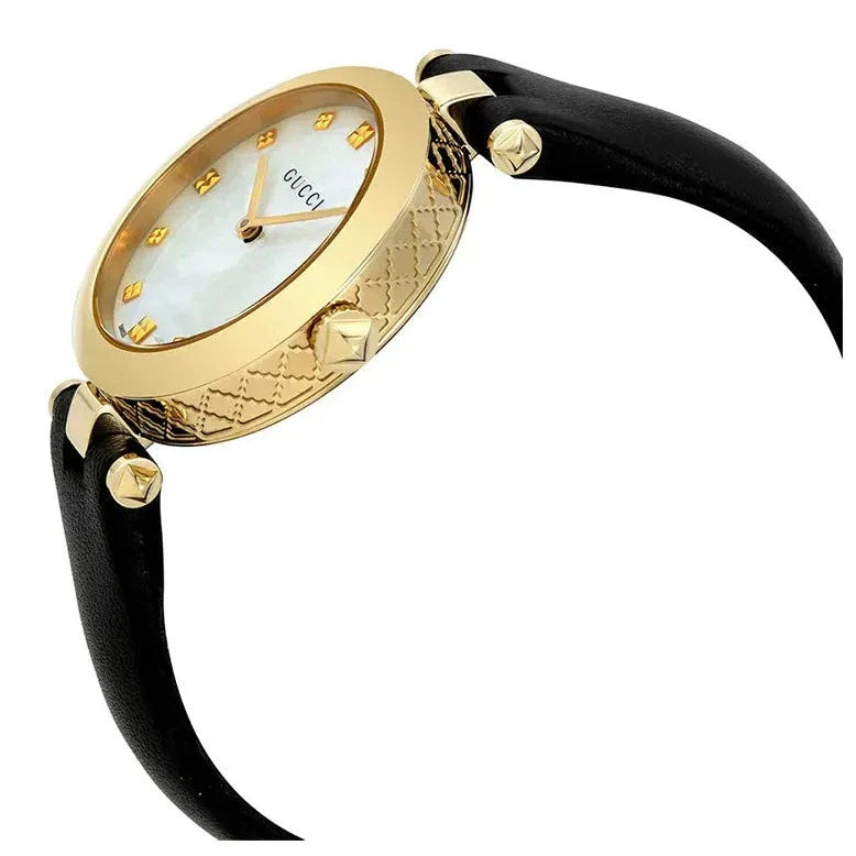  Shop Authentic Gucci Diamantissima Quartz Mother of Pearl Dial Black Leather Strap Watch for Women - YA141404 - Luxxuri