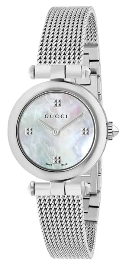  Shop Authentic Gucci Diamantissima Quartz Diamonds Mother of Pearl Dial Silver Mesh Bracelet Watch for Women - YA141504 - Luxxuri