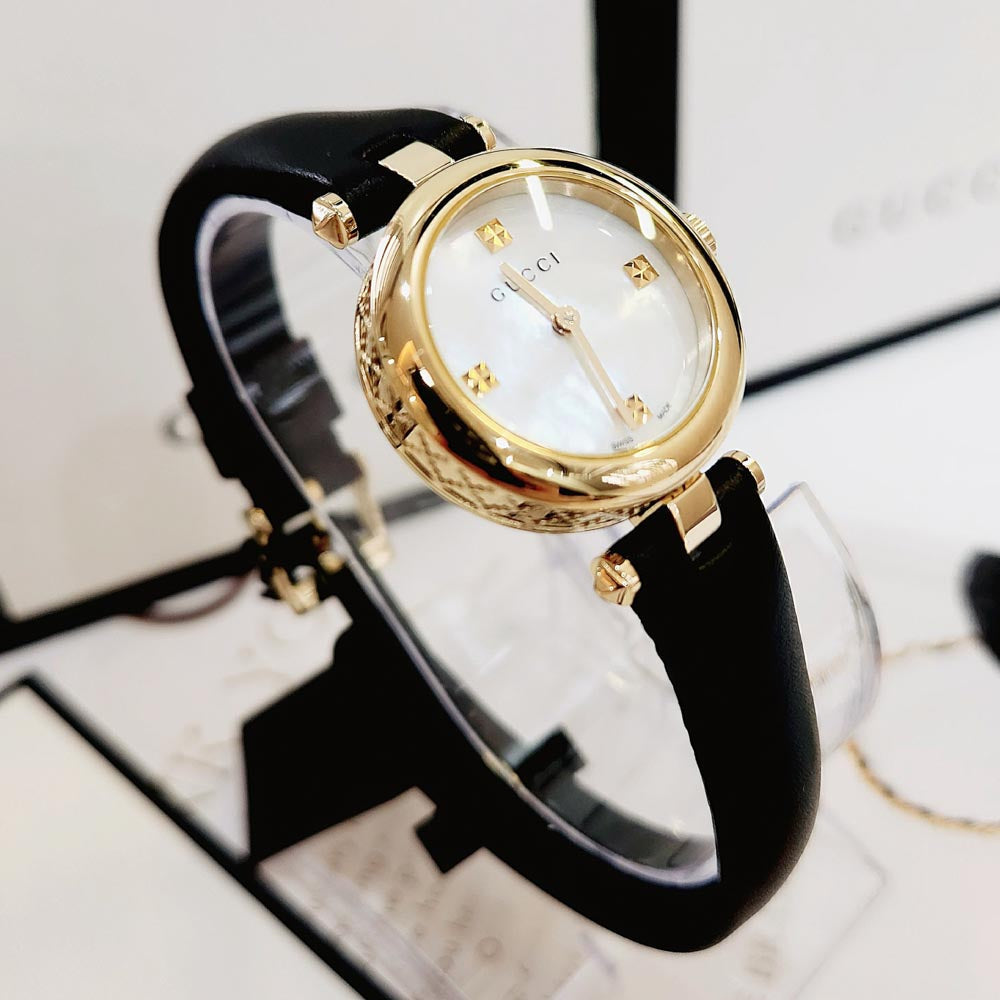  Shop Authentic Gucci Diamantissima Mother of Pearl Dial Black Leather Strap Watch For Women - YA141505 - Luxxuri