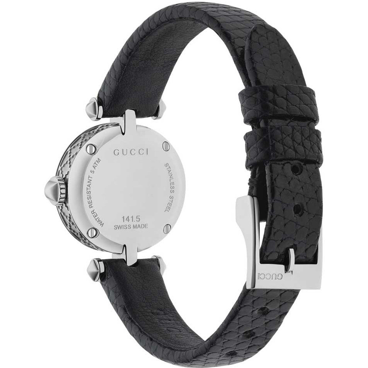  Shop Authentic Gucci Diamantissima Diamonds Mother of Pearl Dial Black Leather Strap Watch For Women - YA141511 - Luxxuri