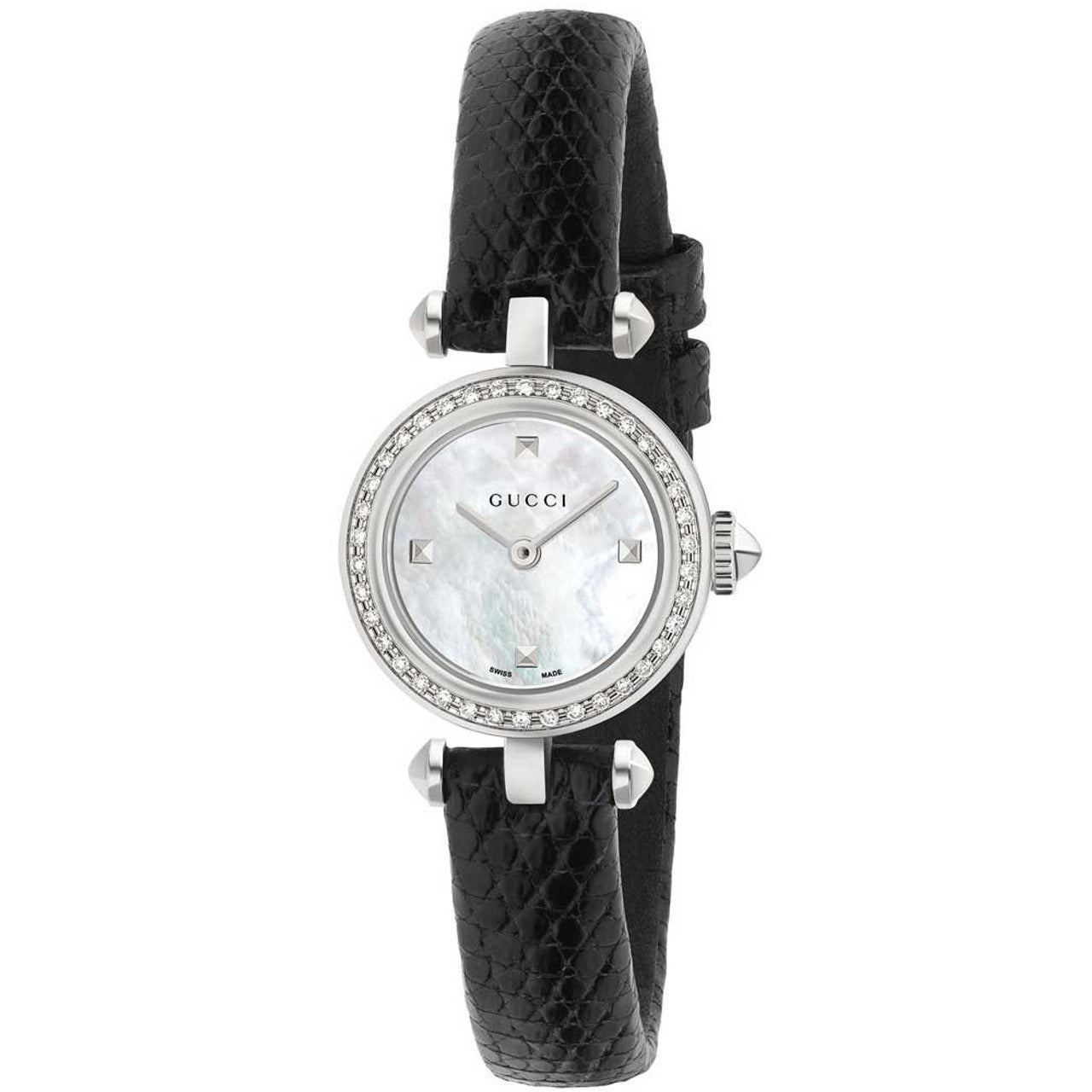  Shop Authentic Gucci Diamantissima Diamonds Mother of Pearl Dial Black Leather Strap Watch For Women - YA141511 - Luxxuri