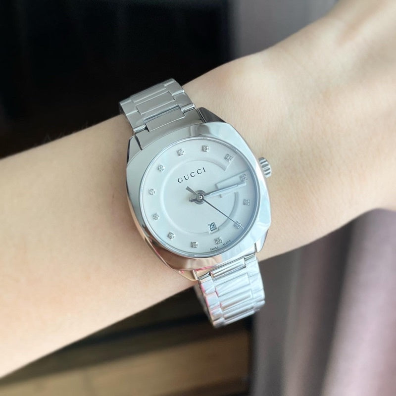  Shop Authentic Gucci G Frame Quartz Diamonds Silver Dial Silver Steel Strap Watch For Women - YA142504 - Luxxuri