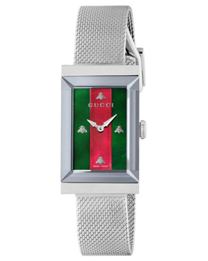  Shop Authentic Gucci G Frame Red and Green Dial Silver Mesh Bracelet Watch For Women - YA147401 - Luxxuri