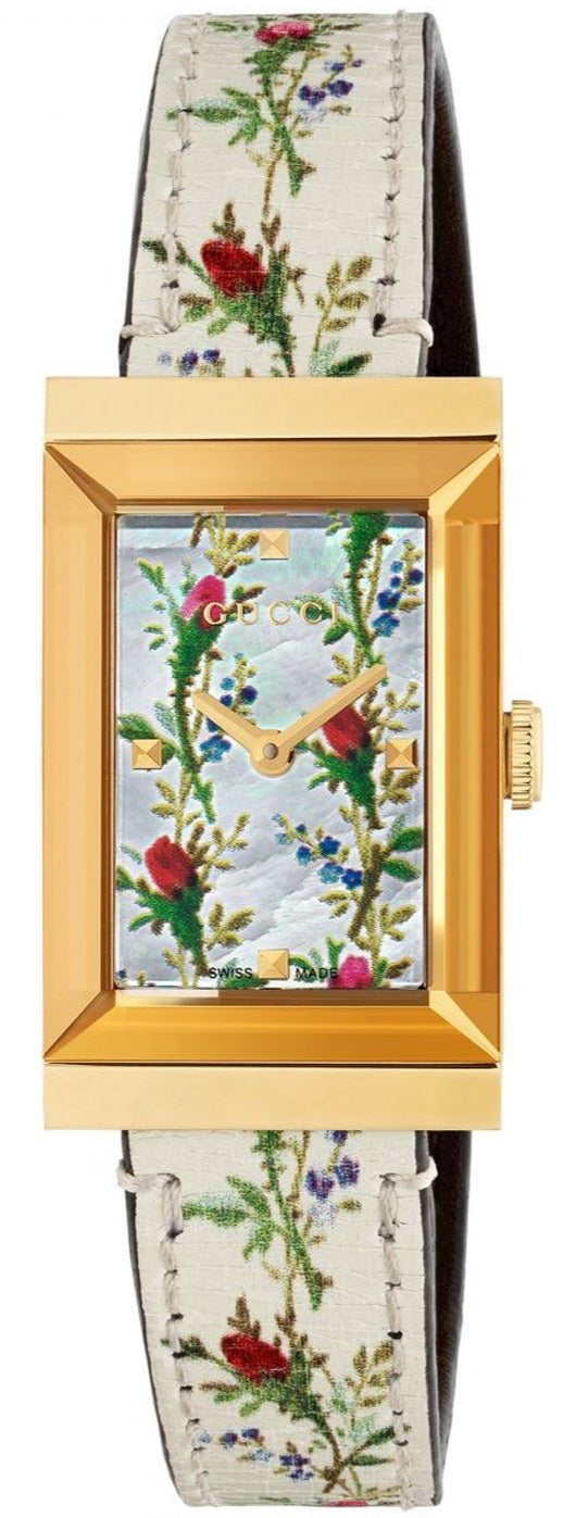  Shop Authentic Gucci G-Frame Floral Mother of Pearl Dial White Leather Strap Watch For Women - YA147407 - Luxxuri