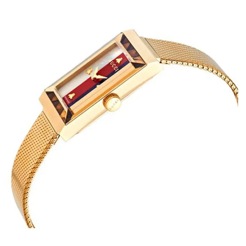  Shop Authentic Gucci G Frame Quartz Diamonds White Red Blue Dial Gold Mesh Bracelet Watch For Women - YA147511 - Luxxuri