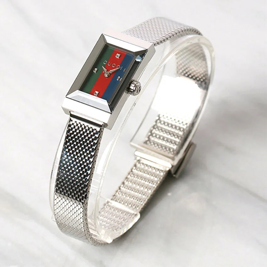  Shop Authentic Gucci G Frame Quartz Diamonds Green & Red Mother of Pearl Dial Silver Mesh Bracelet Watch For Women - YA147510 - Luxxuri