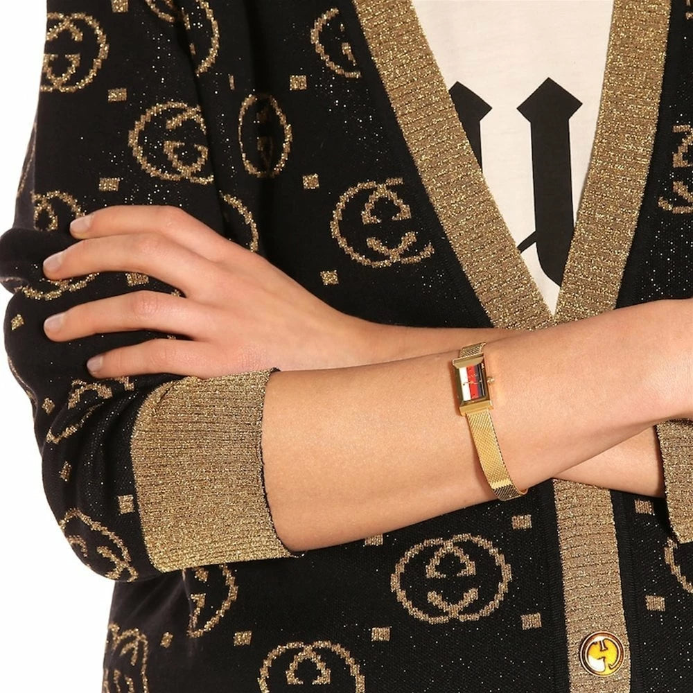  Shop Authentic Gucci G Frame Quartz Diamonds White Red Blue Dial Gold Mesh Bracelet Watch For Women - YA147511 - Luxxuri