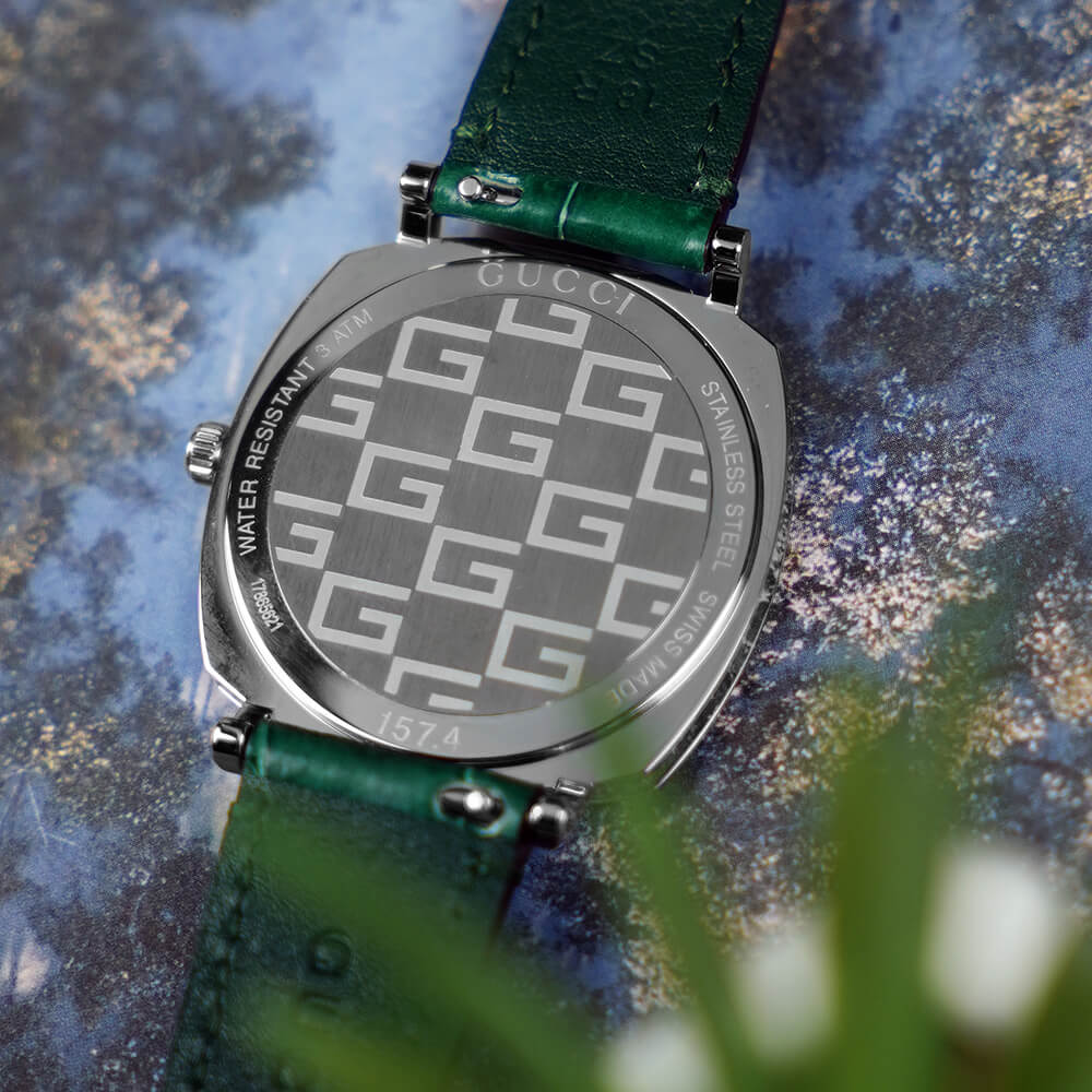  Shop Authentic Gucci Grip Quartz Silver Dial Green Leather Strap Watch For Women - YA157404 - Luxxuri