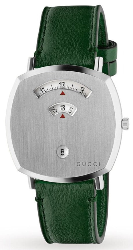  Shop Authentic Gucci Grip Silver Dial Green Leather Strap Unisex Watch - YA157412 - Luxxuri