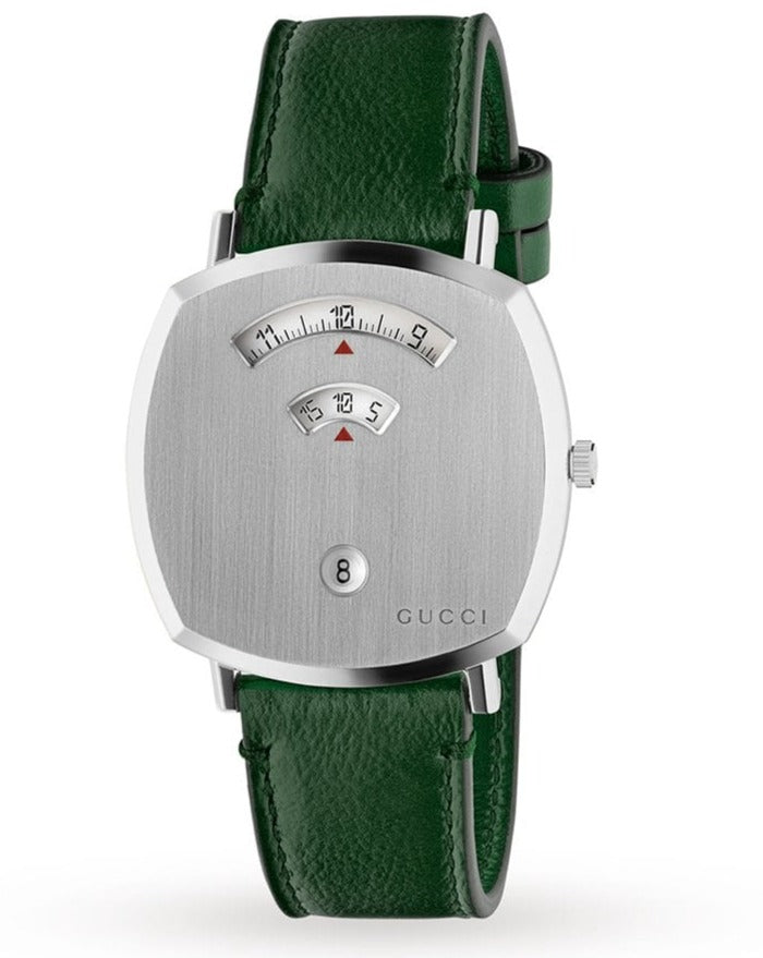  Shop Authentic Gucci Grip Silver Dial Green Leather Strap Unisex Watch - YA157412 - Luxxuri
