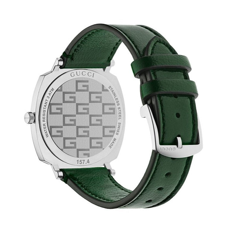  Shop Authentic Gucci Grip Quartz Silver Dial Green Leather Strap Watch For Women - YA157414 - Luxxuri