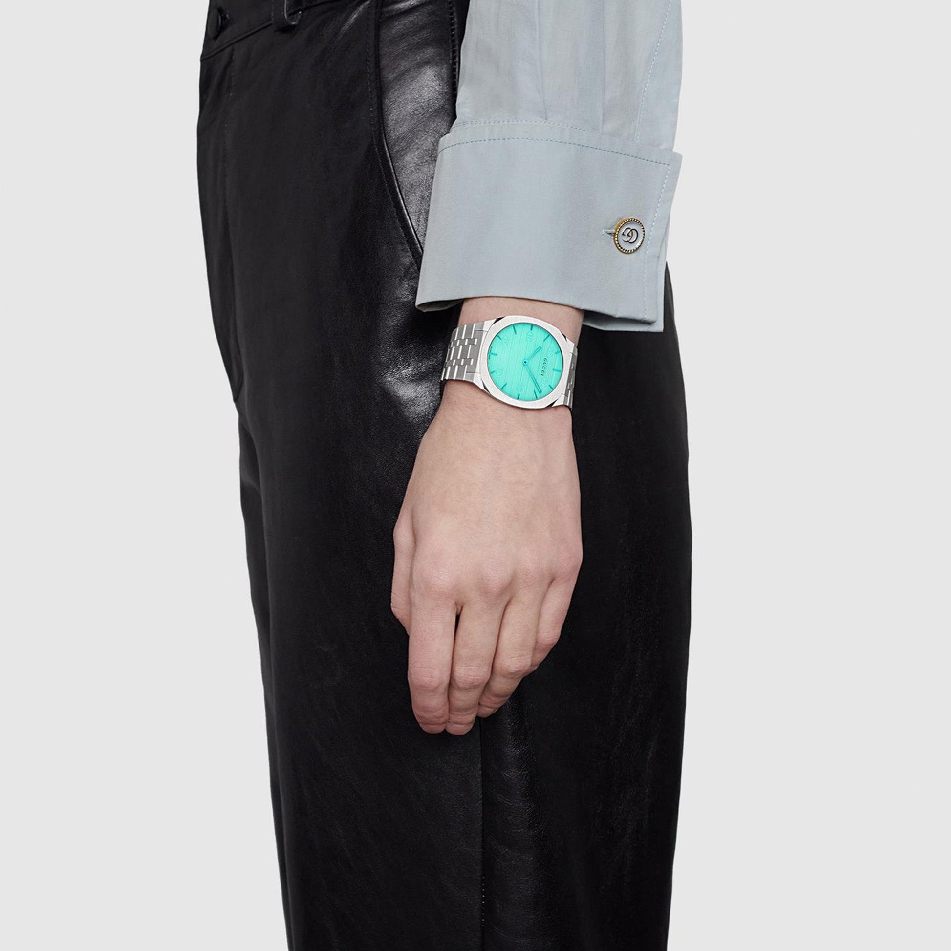  Shop Authentic Gucci 25H Quartz Turquoise Dial Silver Steel Strap Watch For Women - YA163409 - Luxxuri