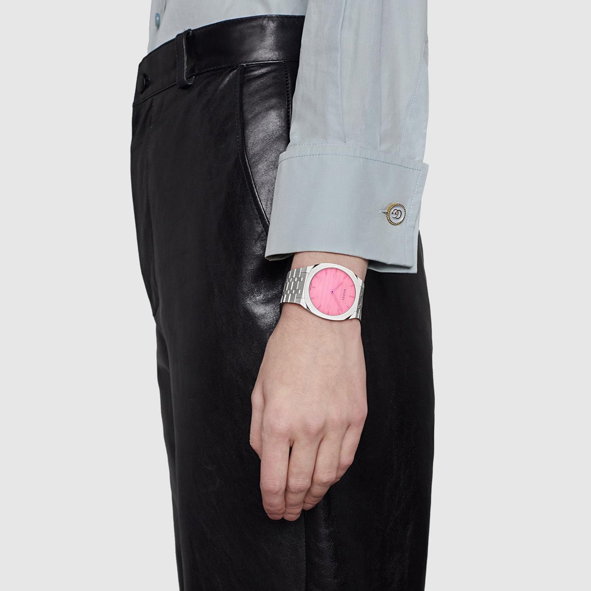 Shop Authentic Gucci 25H Quartz Pink Dial Silver Steel Strap Watch for Women - YA163410 - Luxxuri