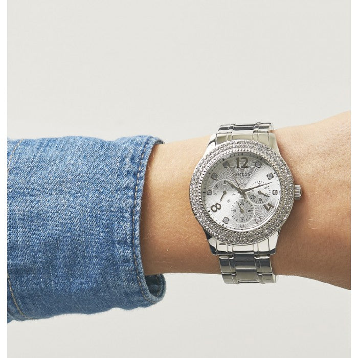  Shop Authentic Guess Bedazzle Diamonds Silver Dial Silver Steel Strap Watch For Women - W1097L1 - Luxxuri