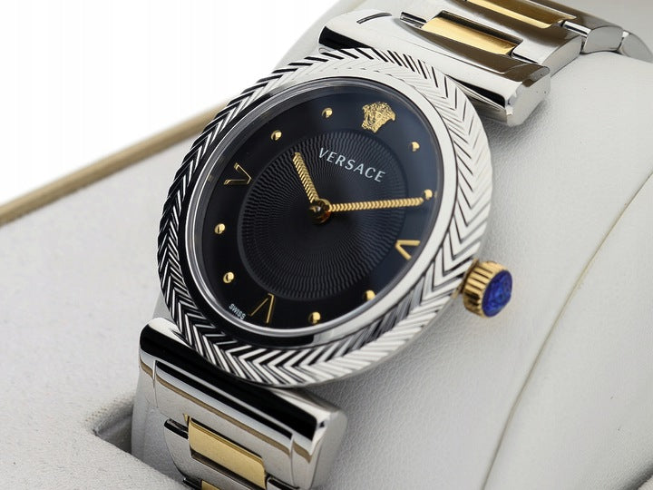  Shop Authentic Versace V-Motif Black Dial Two Tone Steel Strap Watch for Women - VERE00518 - Luxxuri