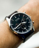  Shop Authentic Hugo Boss Pioneer Chronograph Black Dial Black Leather Strap Watch For Men - 1513708 - Luxxuri