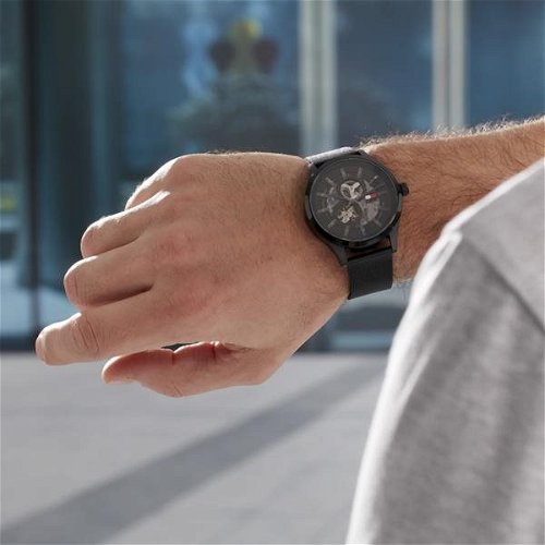  Shop Authentic Tommy Hilfiger Spencer Skeleton Black Dial Black Mesh Bracelet Watch for Men - 1791644 - Luxxuri