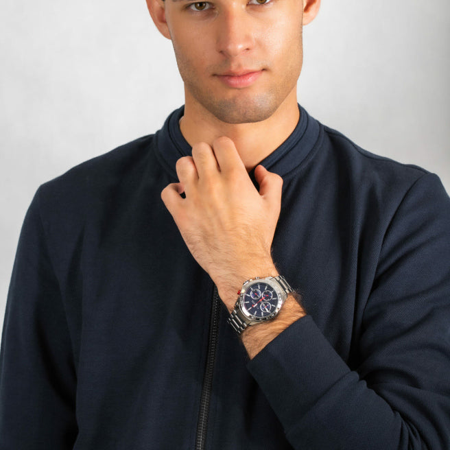  Shop Authentic Tommy Hilfiger Hudson Chronograph Quartz Blue Dial Silver Steel Strap Watch For Men - 1791228 - Luxxuri