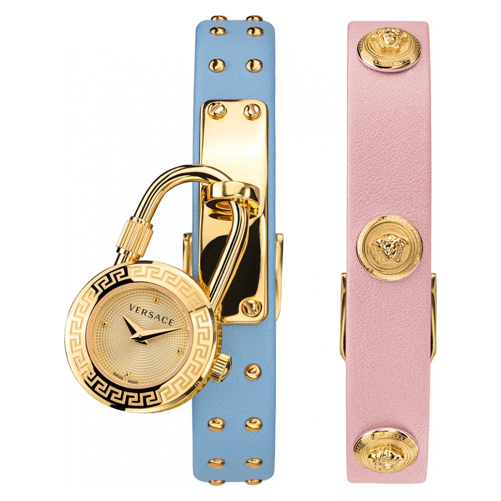  Shop Authentic Versace Medusa Lock Icon Quartz Gold Dial Pink & Blue Leather Strap Watch For Women - VEDW00219 - Luxxuri