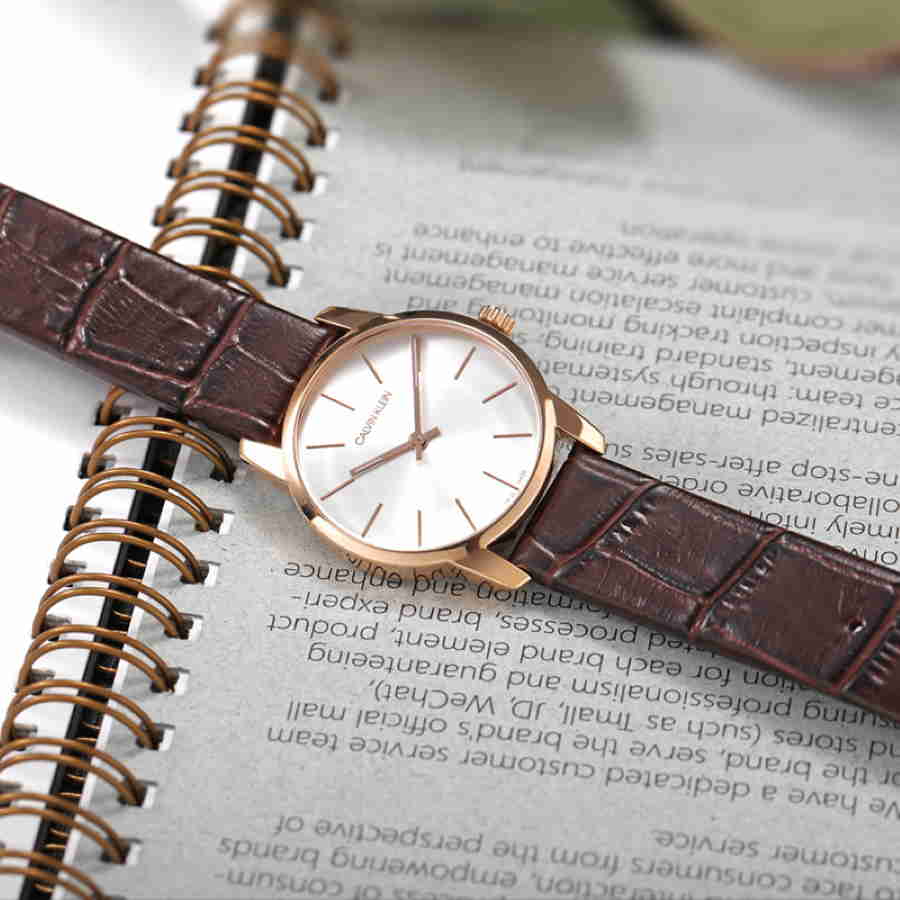  Shop Authentic Calvin Klein City White Mother of Pearl Dial Brown Leather Strap Watch for Women - K2G23620 - Luxxuri