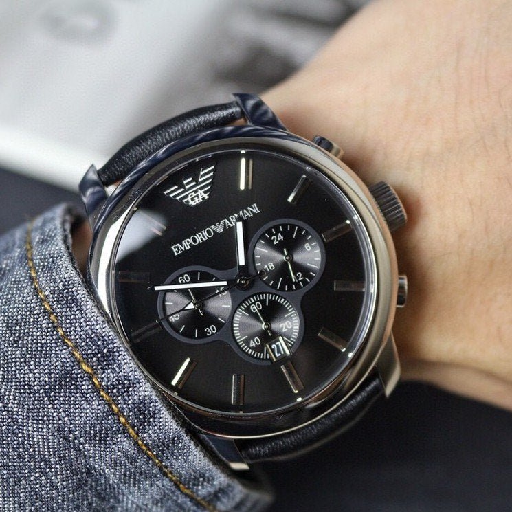  Shop Authentic Emporio Armani Classic Chronograph Black Dial Black Leather Strap Watch For Men - AR0431 - Luxxuri