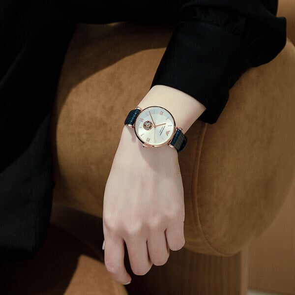 Emporio Armani Gianni T-Bar Analog Silver Dial Blue Leather Strap Watch For Women - AR60020