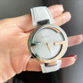  Shop Authentic Gucci Interlocking 18K Gold Silver Dial White Leather Strap Watch For Women - YA133303 - Luxxuri