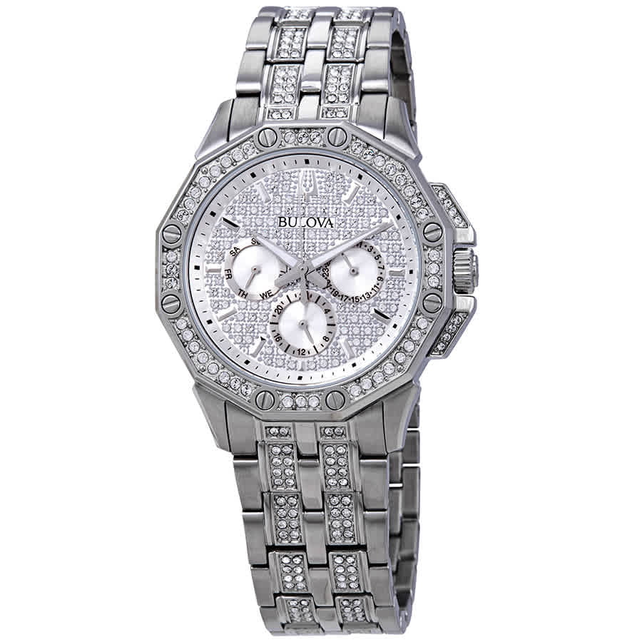  Shop Authentic Bulova Crystal Collection Pave Silver Dial with Crystals Silver Steel Strap Watch for Men - 96C134 - Luxxuri