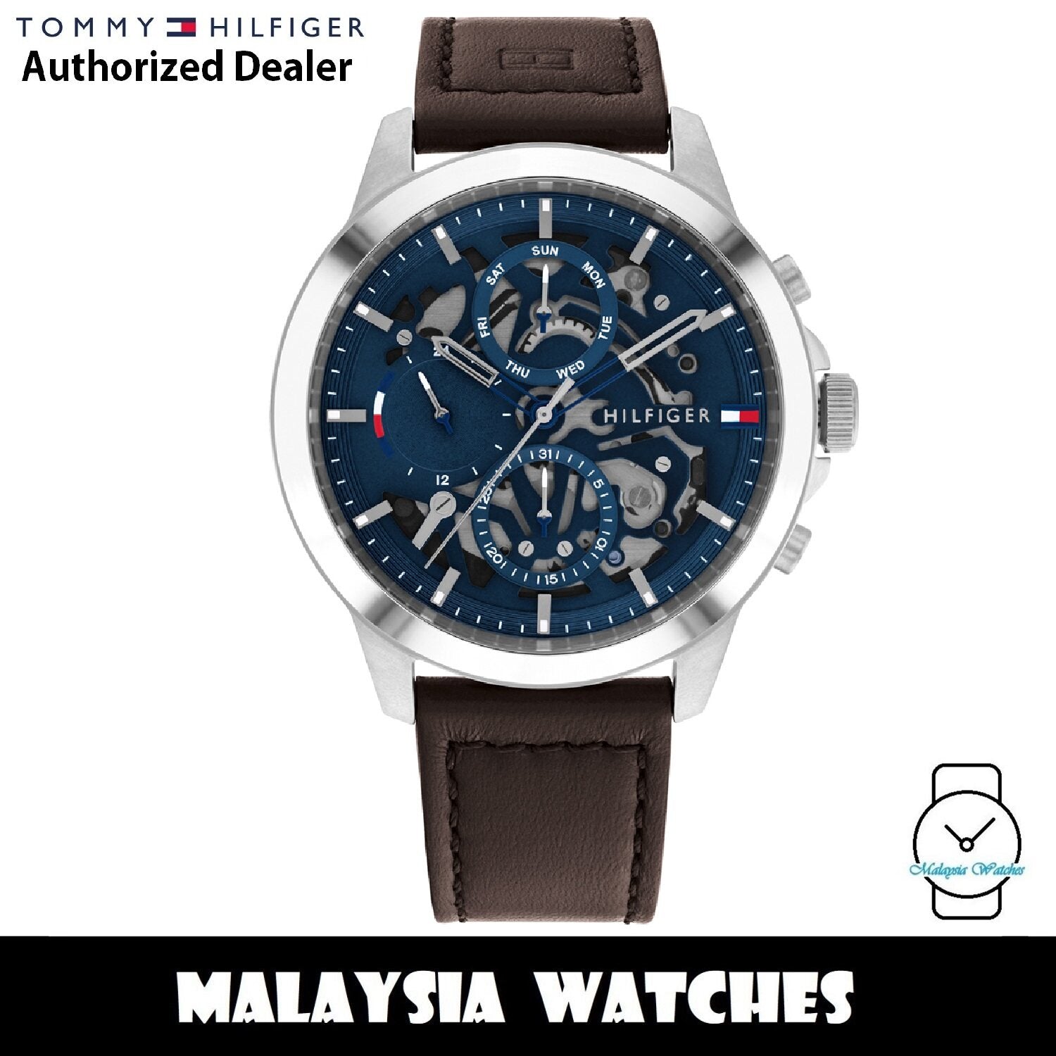  Shop Authentic Tommy Hilfiger Henry Chronograph Blue Dial Brown Leather Strap Watch For Men -1710476 - Luxxuri