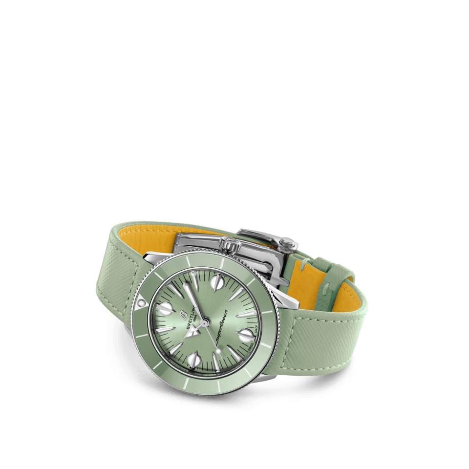  Shop Authentic Breitling Superocean Heritage '57 Pastel Paradise Green Dial Green Leather Strap Watch for Women - A10340361L1X1 - Luxxuri